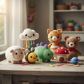 Handmade crochet amigurumi dolls in colorful yarn arranged on a wooden surface