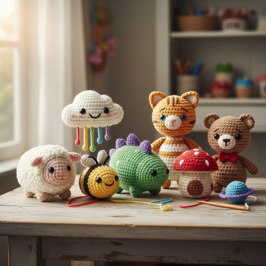 Handmade crochet amigurumi dolls in colorful yarn arranged on a wooden surface